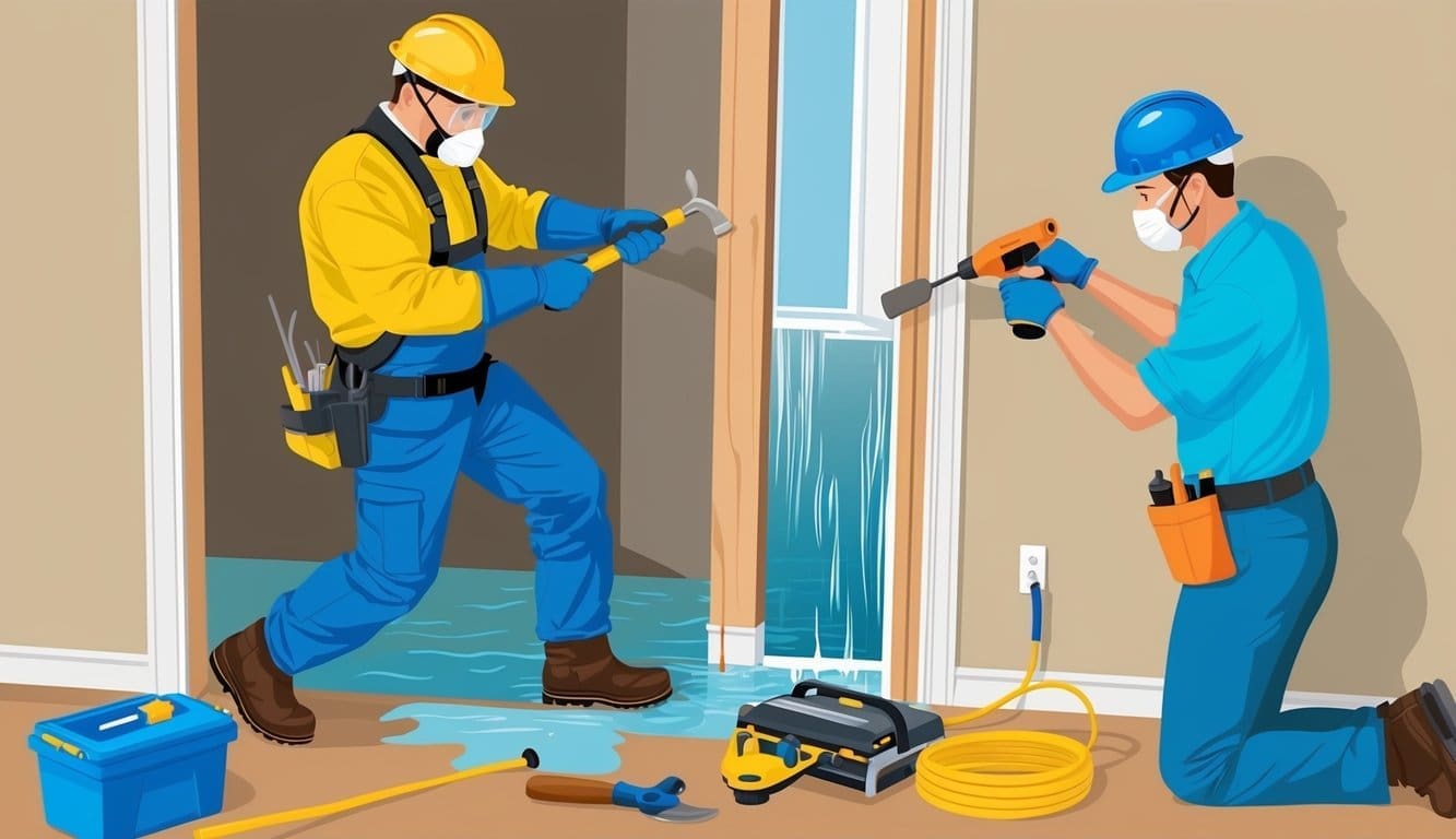 A person wearing protective gear and using professional tools to repair water damage in a home, while another person attempts a DIY repair without proper safety equipment