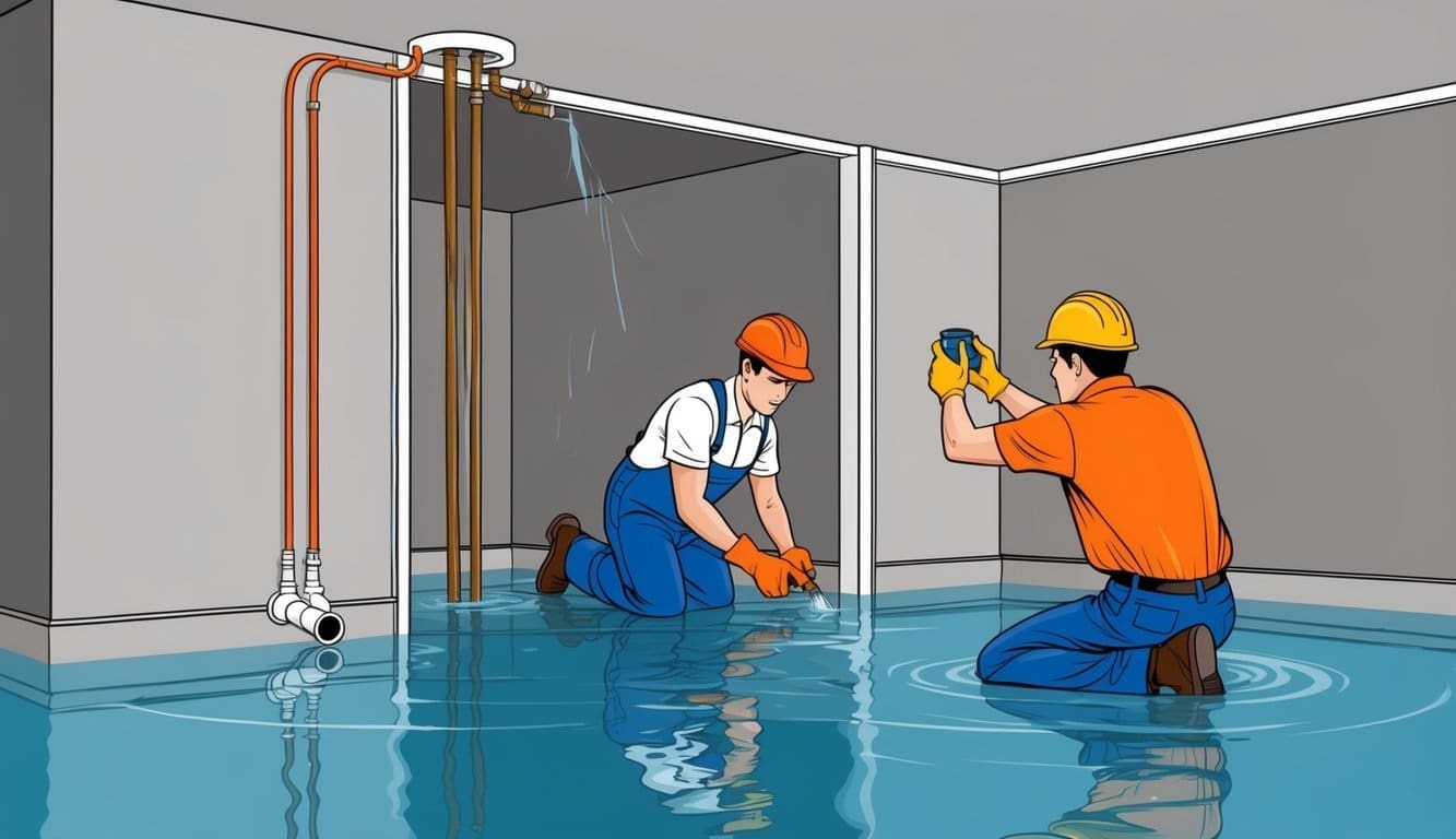 A burst pipe floods a basement. A DIYer struggles to repair the damage while a professional efficiently fixes the issue