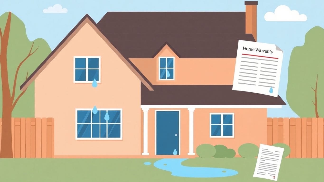 Illustration of a house with water damage and warranty document.