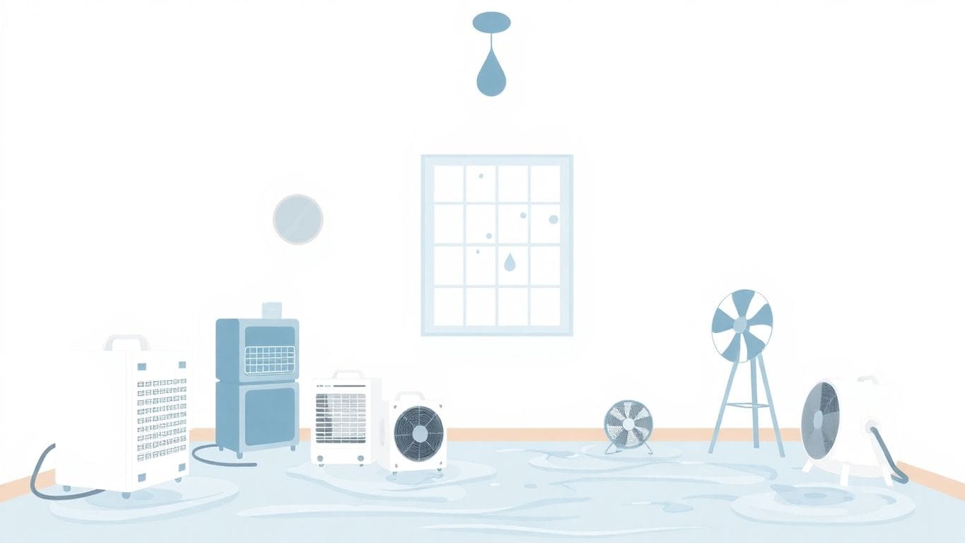 Vector illustration of a water-damaged room drying out.
