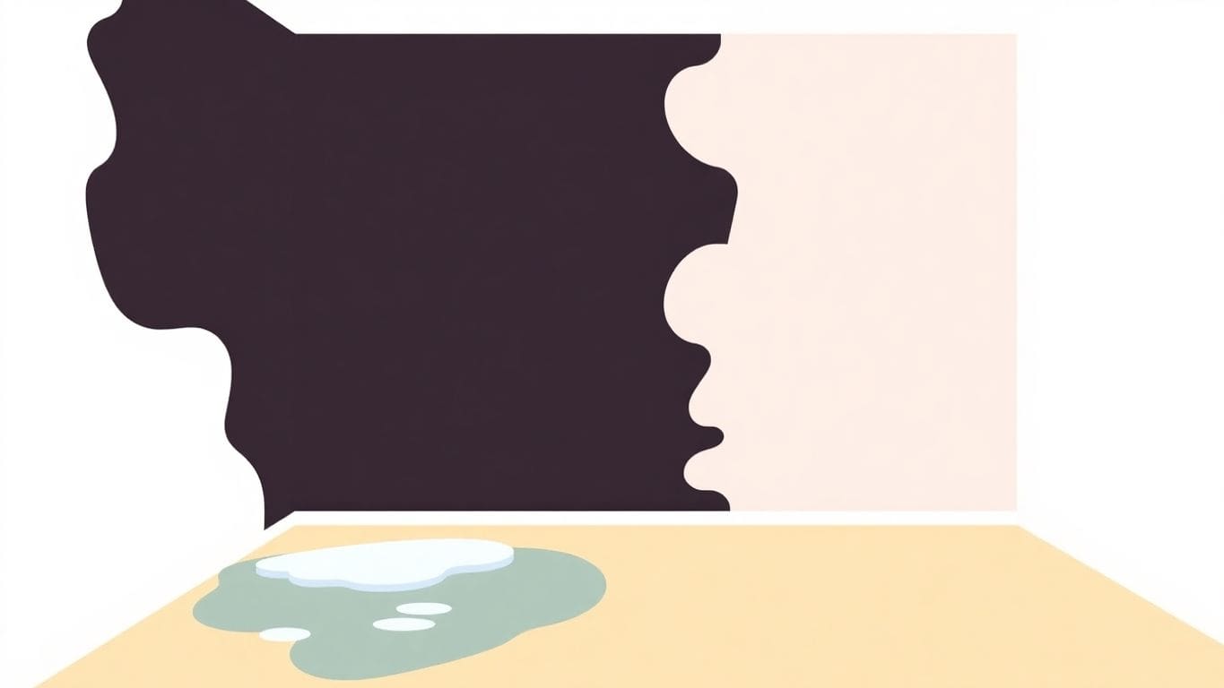 Illustration of a home with visible water damage details.