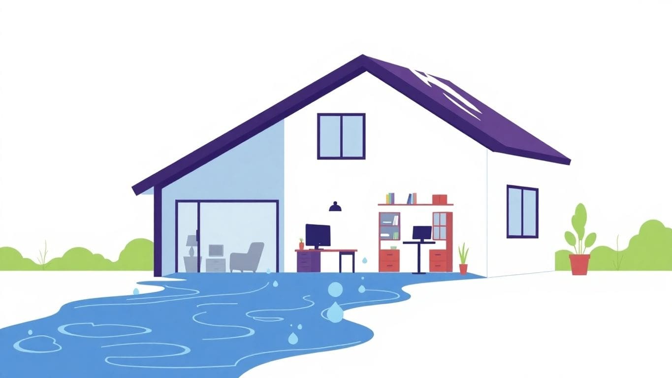 Vector illustration of home water damage and office space.