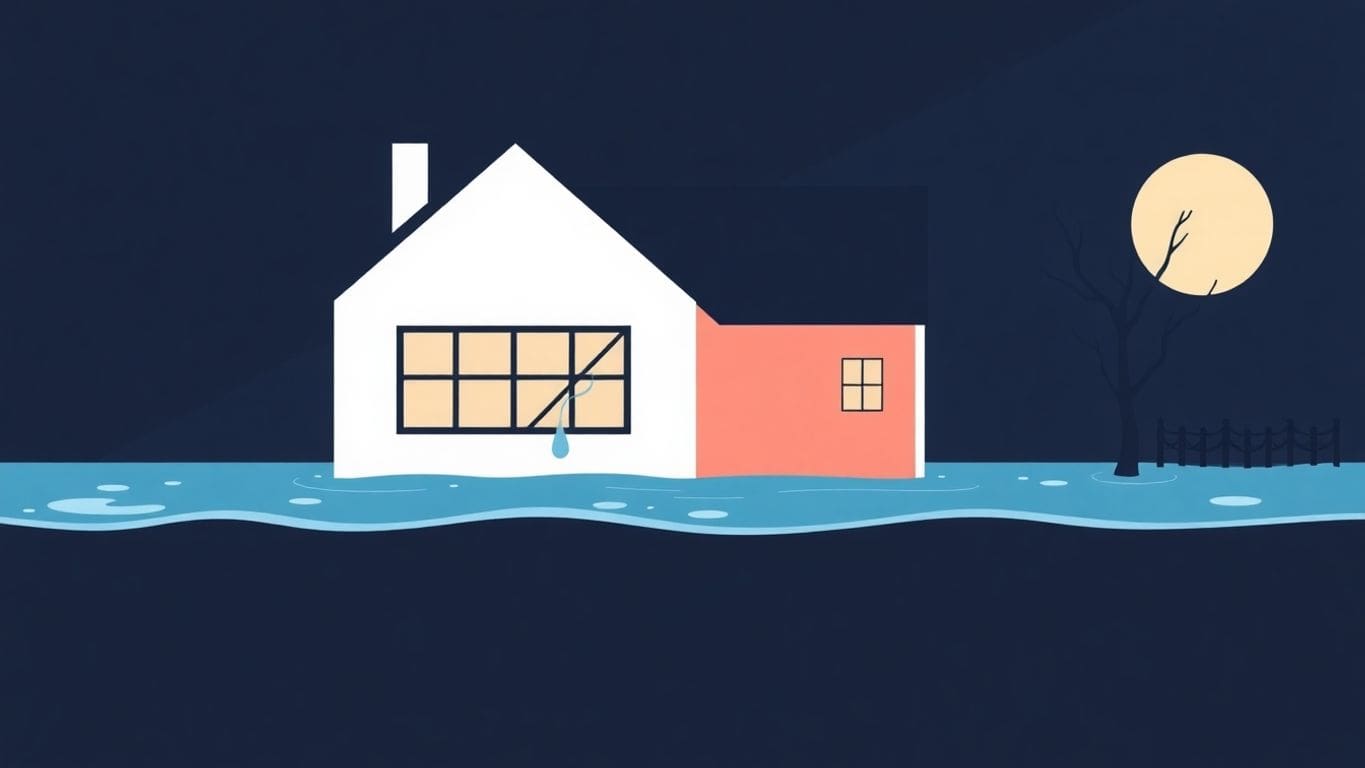 Vector illustration of water-damaged home with minimal details.