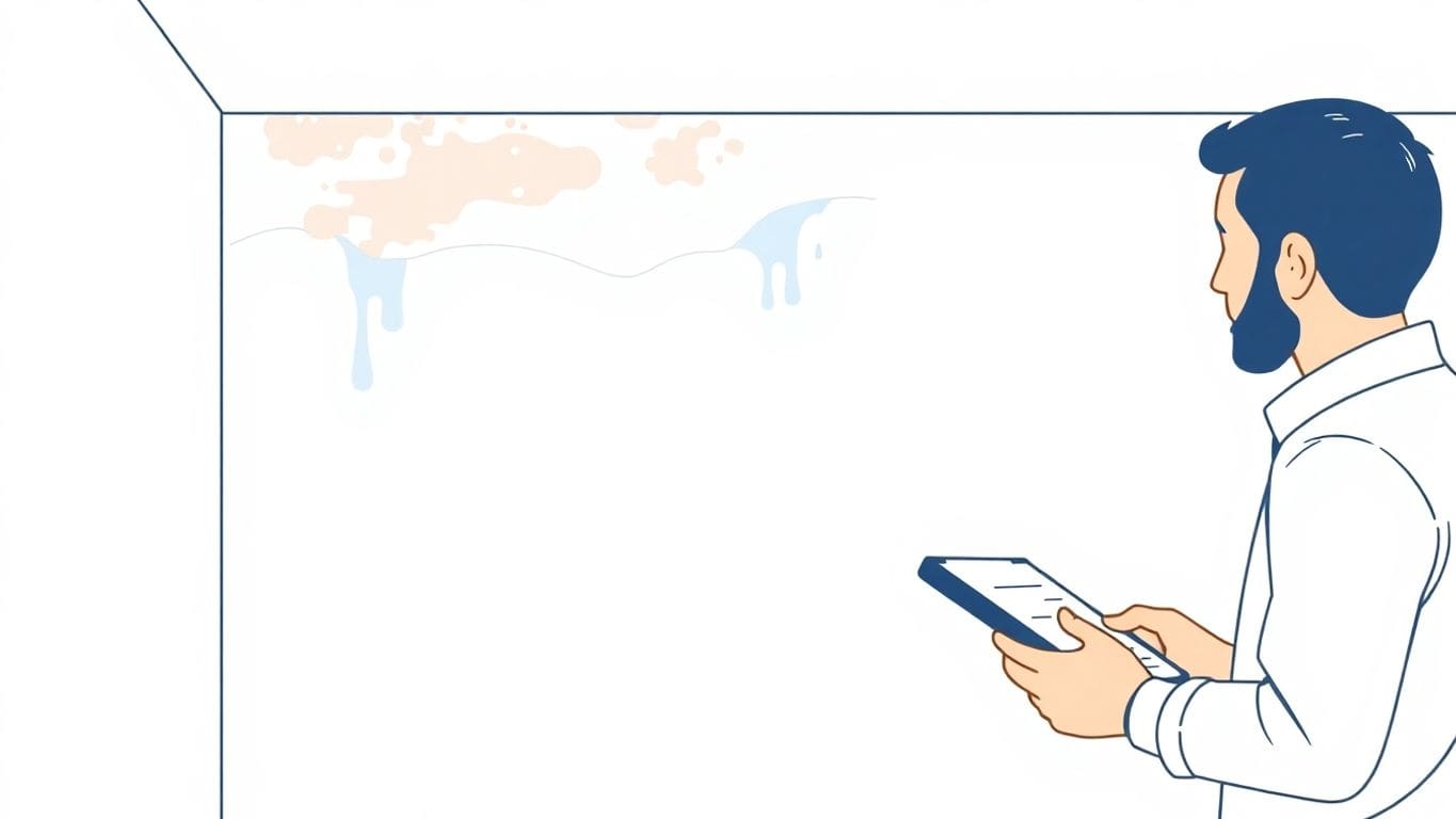 Illustration of inspecting water-damaged drywall with tools.
