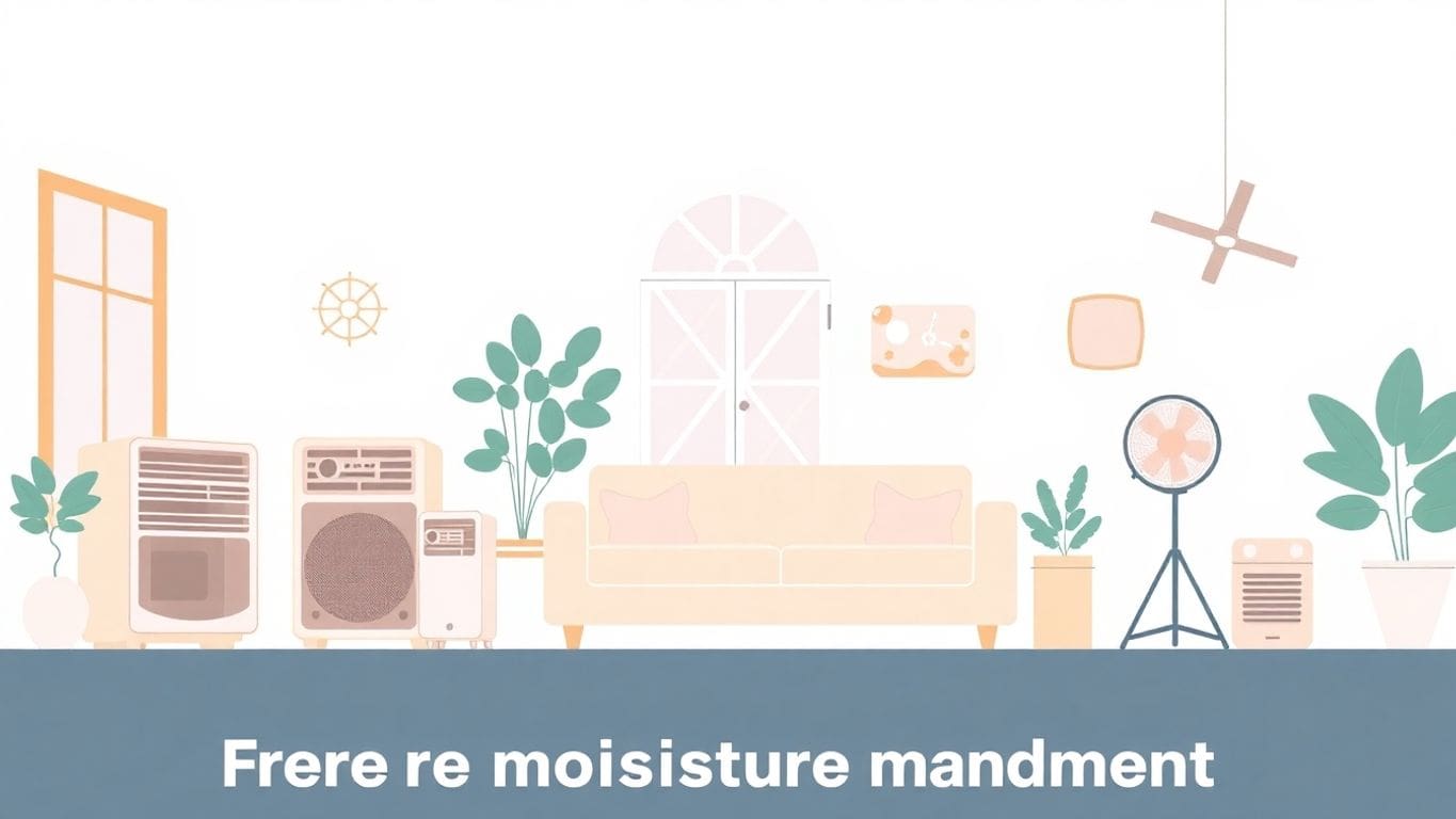 Vector illustration of moisture removal tools in a home.