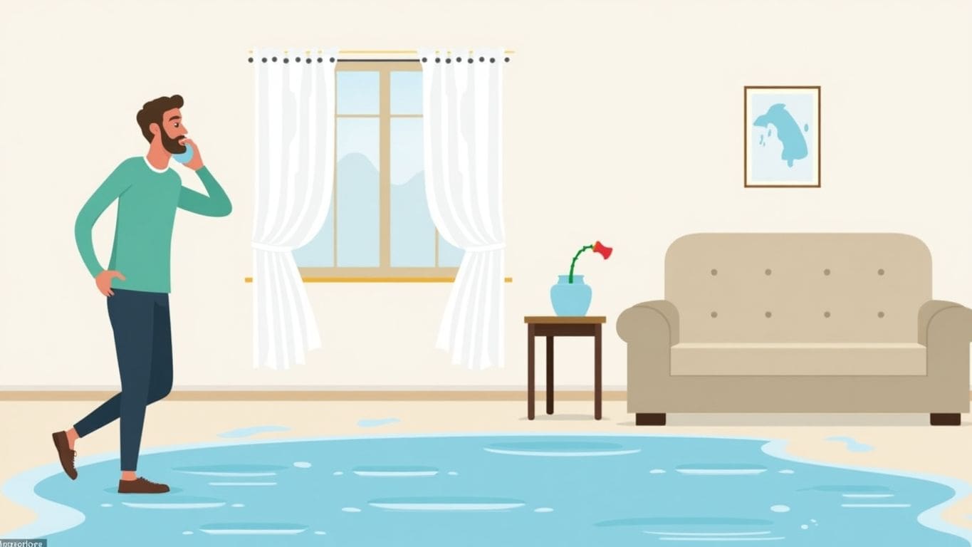 Minimalist vector of flooded room with damaged furniture.