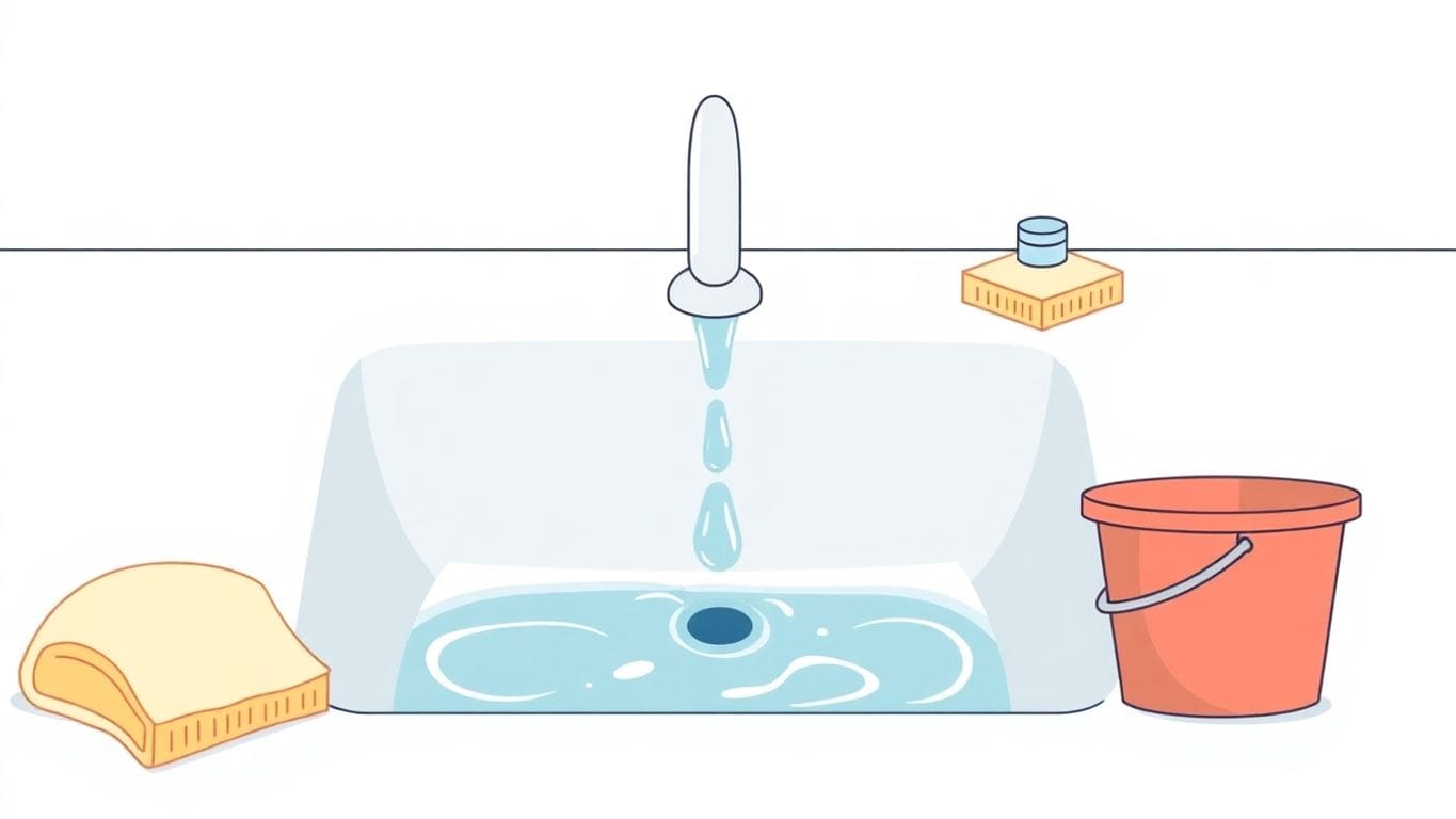 Vector illustration of sink with cleaning supplies and water damage.