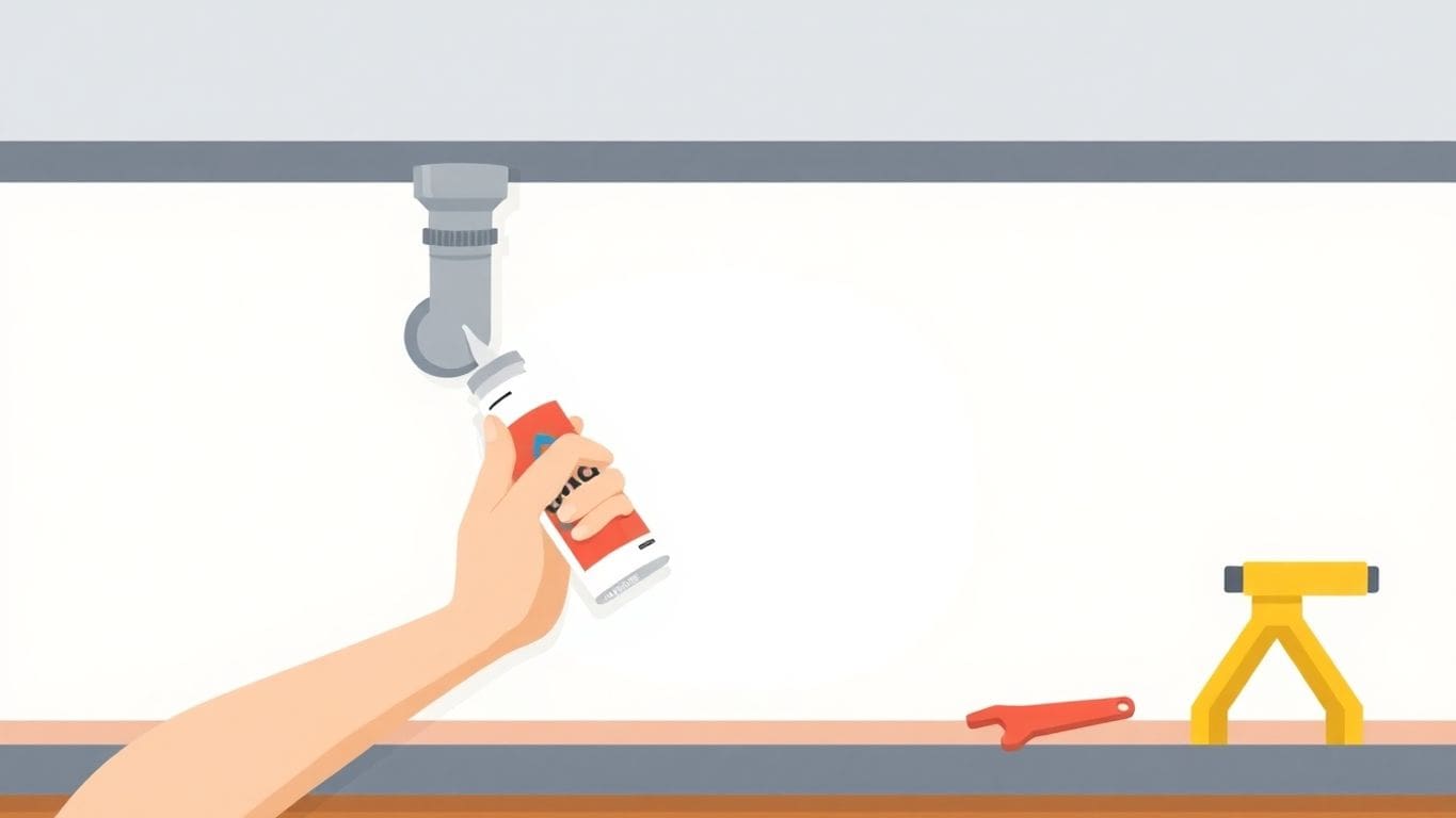 Vector art of repairing water damage under a sink.