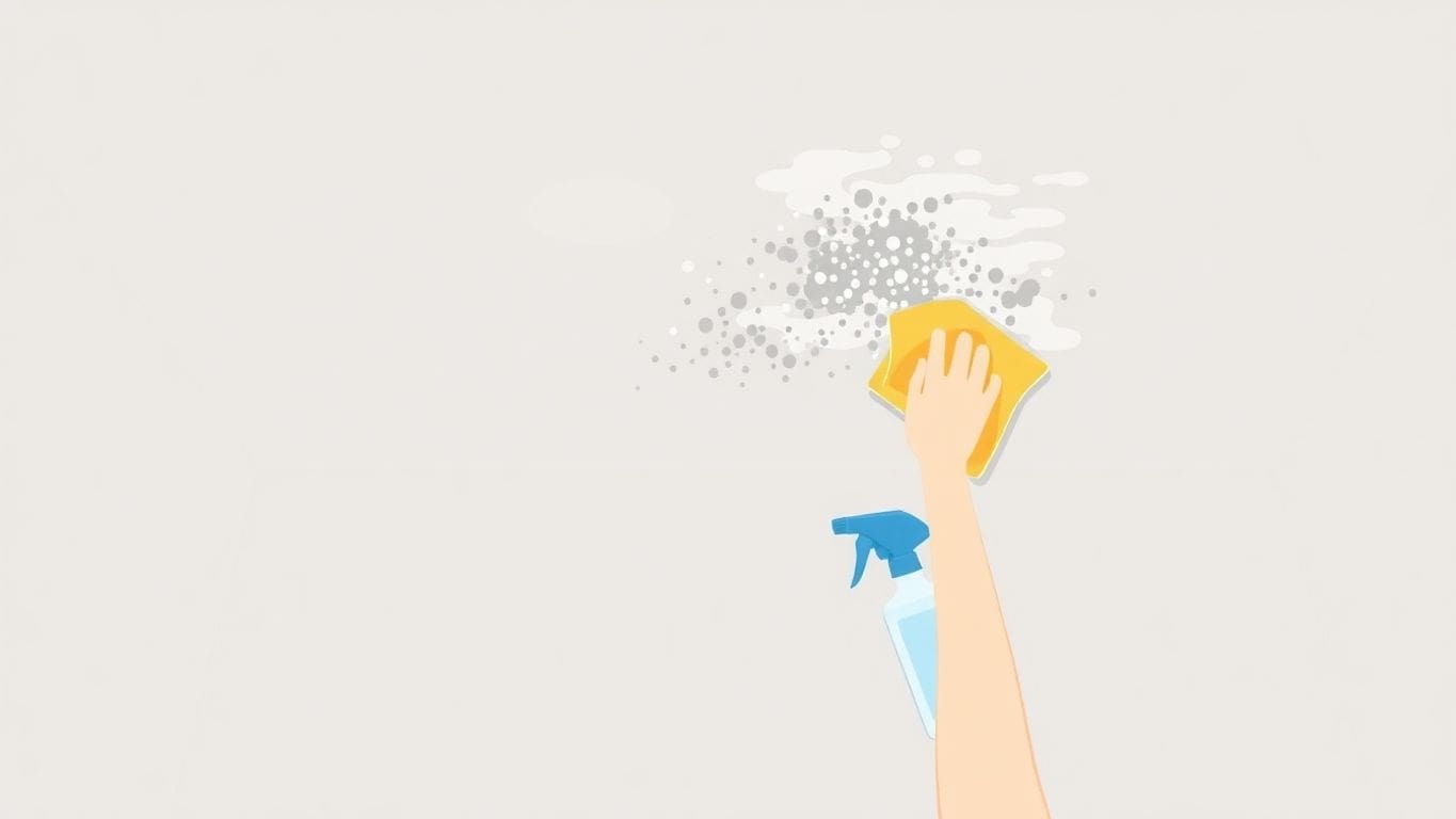 Illustration of mold removal from drywall ceiling with spray.