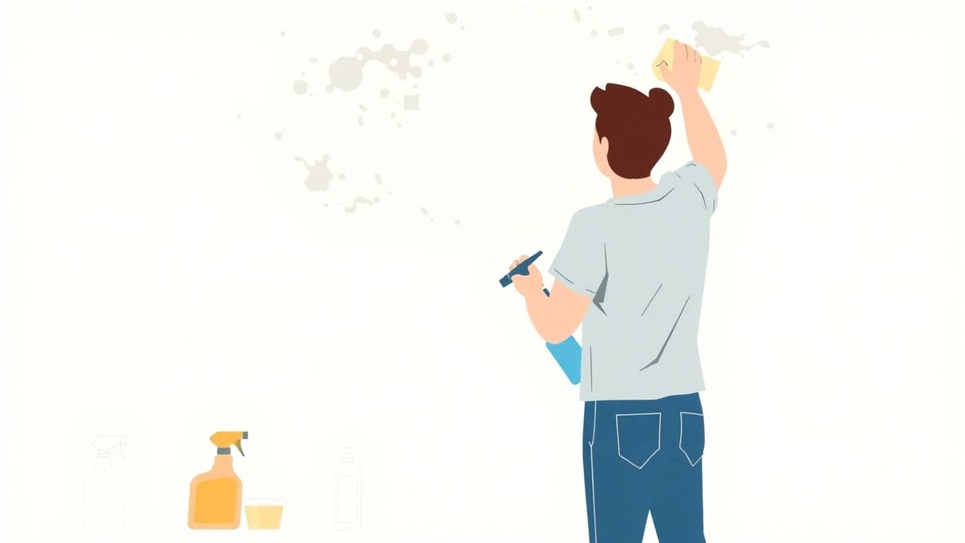 Person cleaning mold from drywall ceiling with supplies.