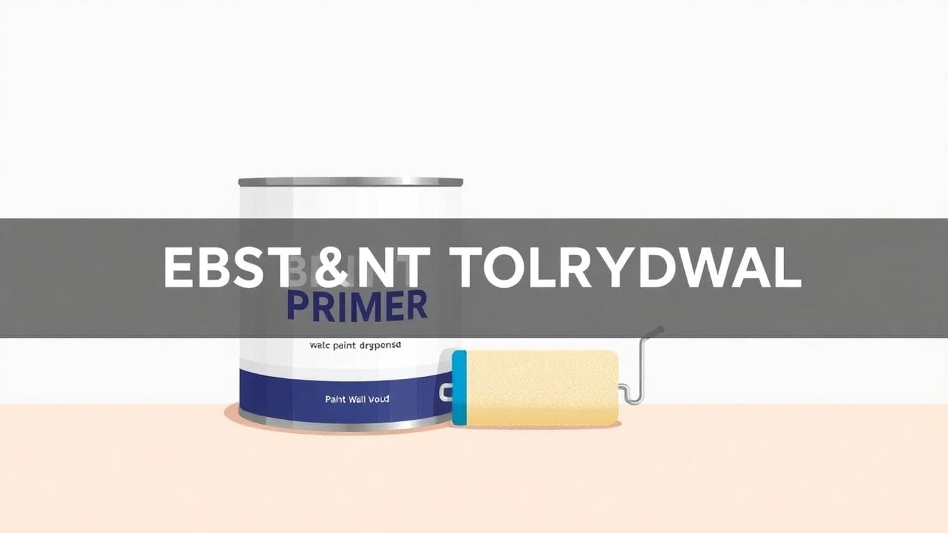 Vector art of paint primer can and roller on drywall.