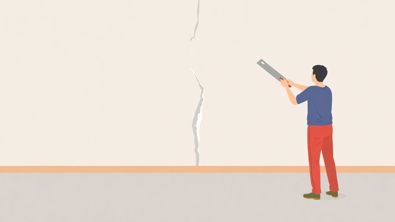 Illustration of repairing a large plaster wall crack.