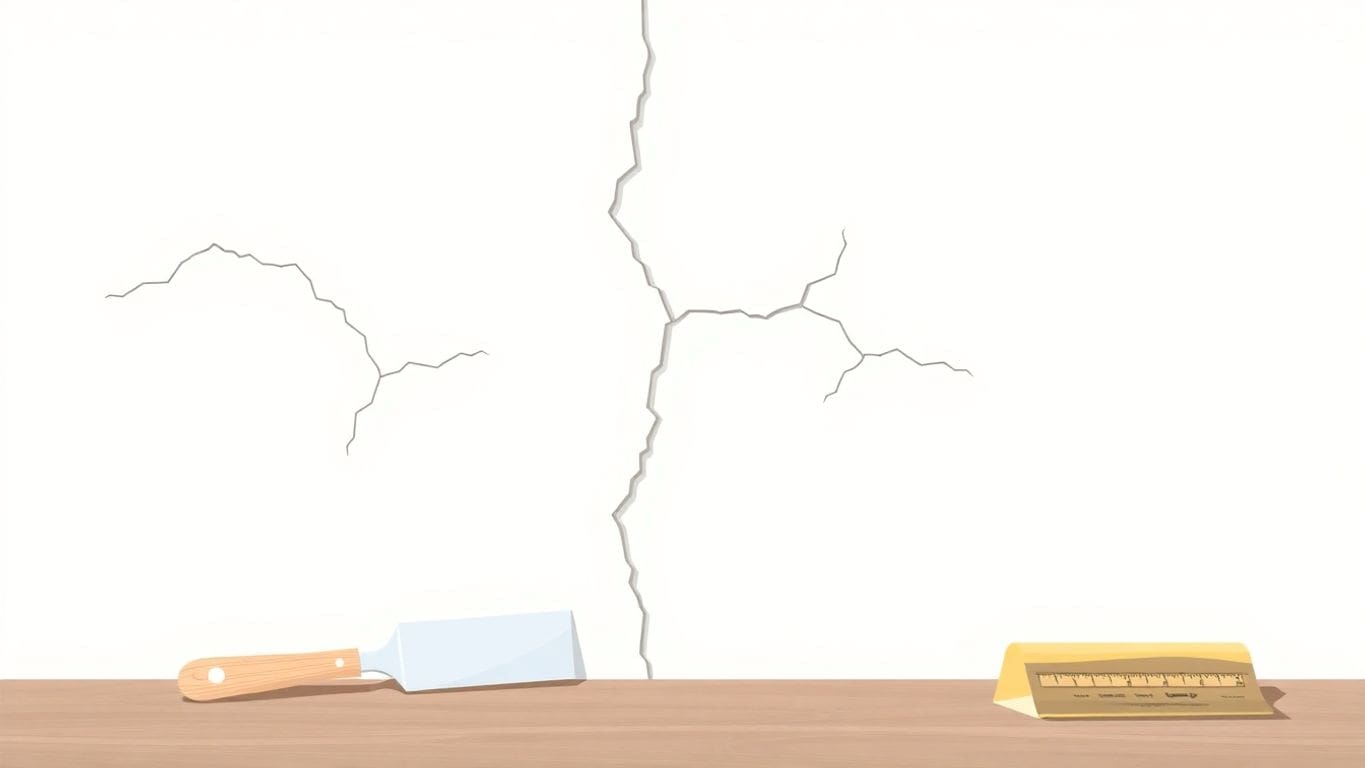 Vector illustration of plaster wall cracks and repair tools.