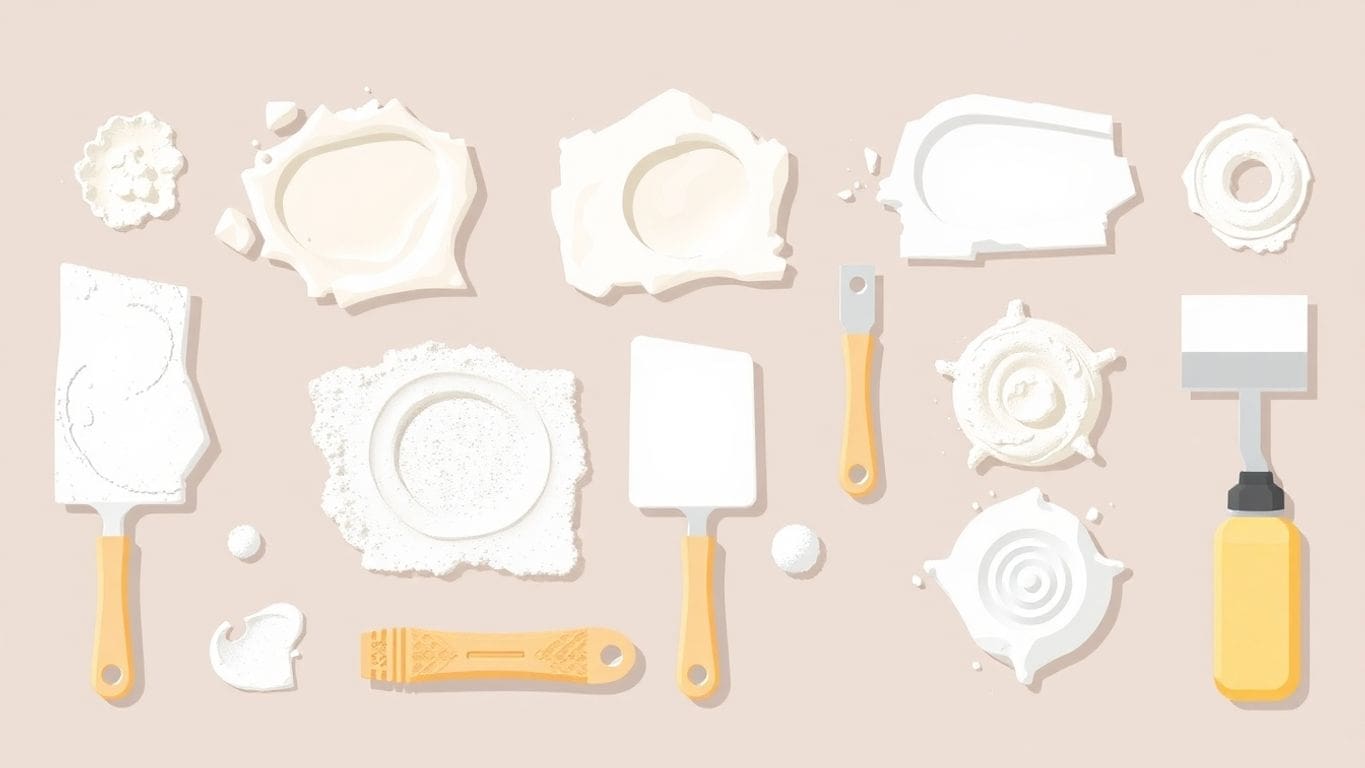 Illustration of plaster types and repair tools for walls.