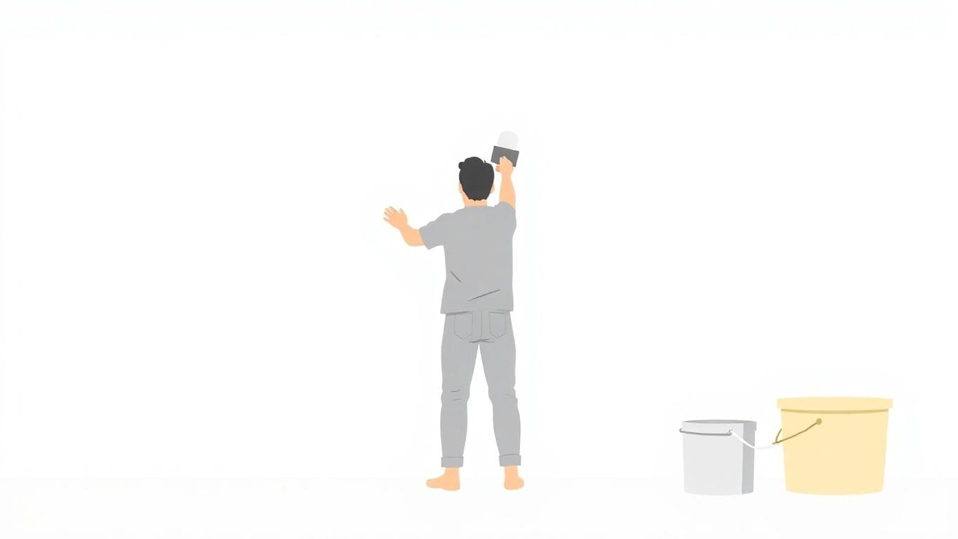 Person applying plaster to drywall in minimal vector art.