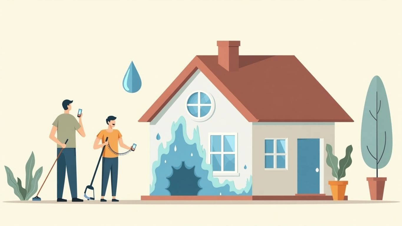 Vector art of a home with water damage visual.