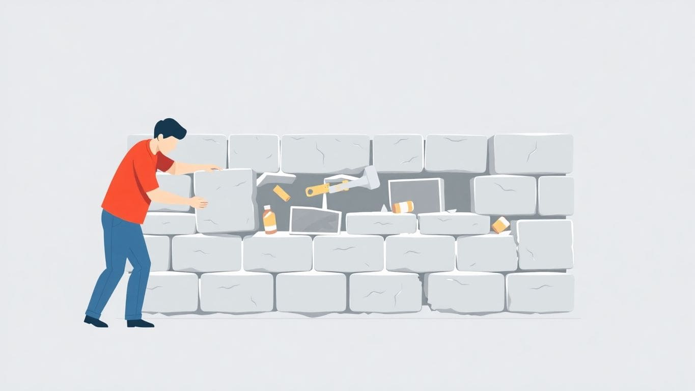Person removing damaged concrete blocks from a wall.