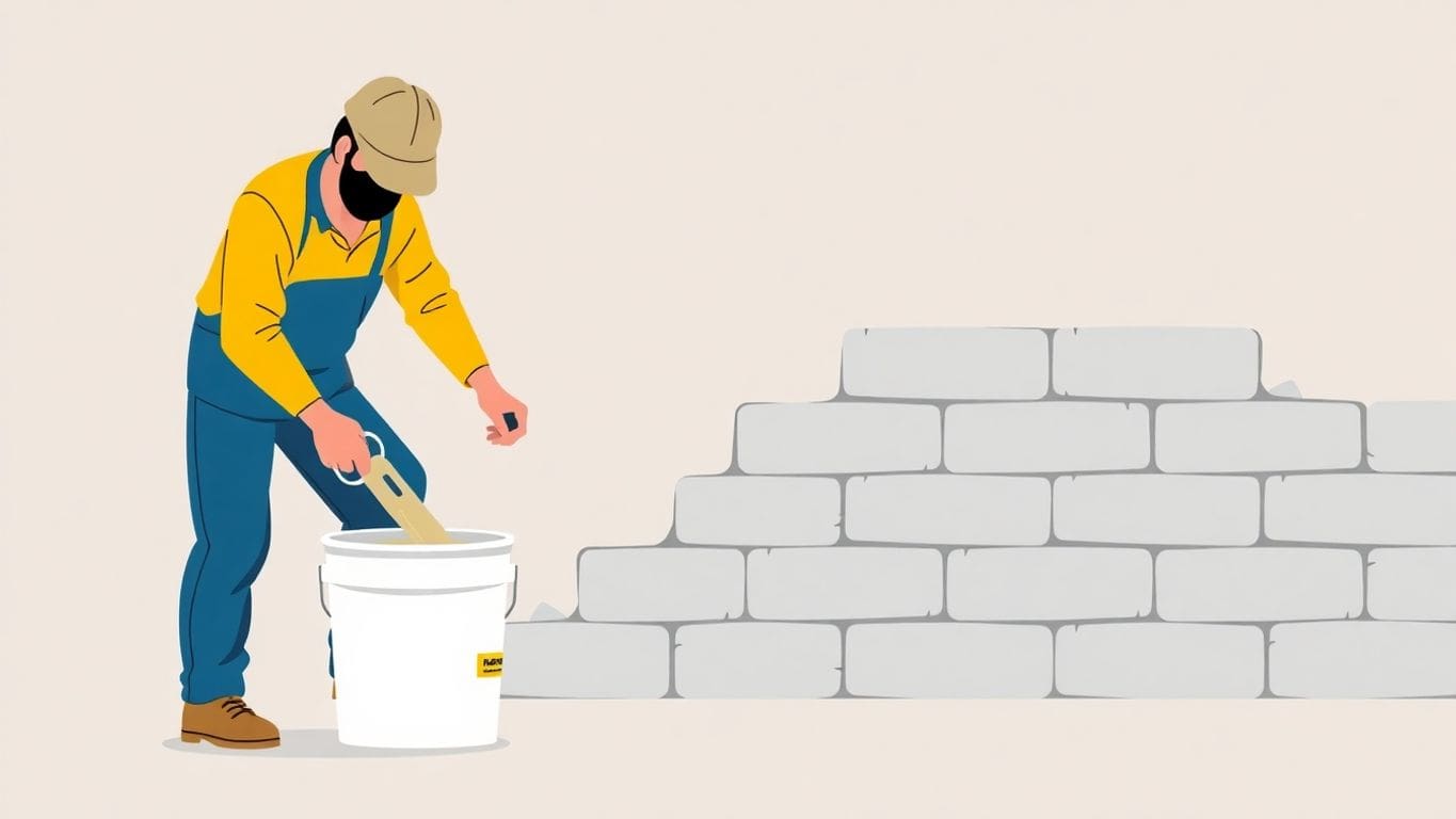 Person mixing mortar for concrete block wall repairs.