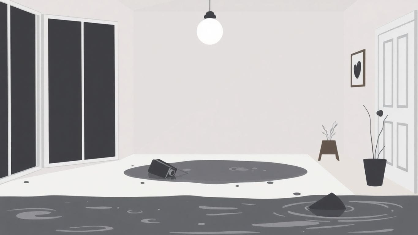 Vector art of a home flooded with black water.