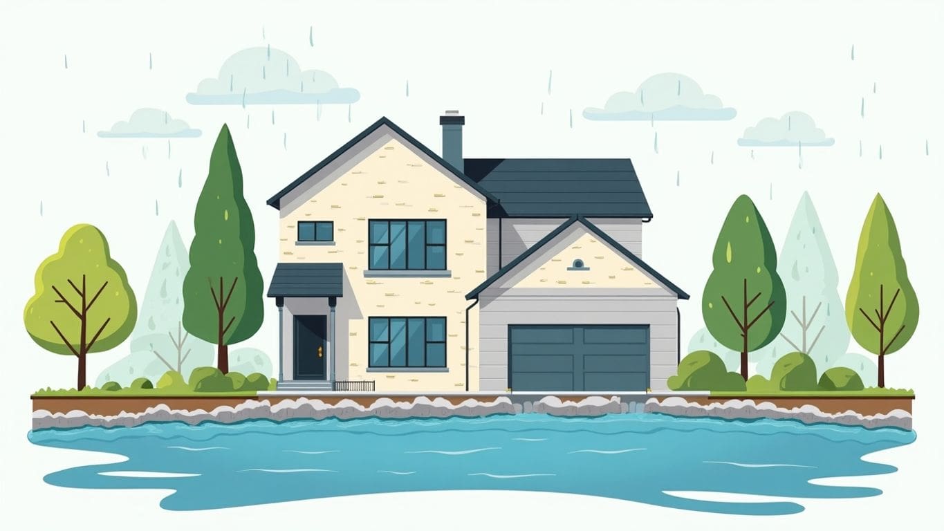 Minimalist illustration of a home with rainwater management system.