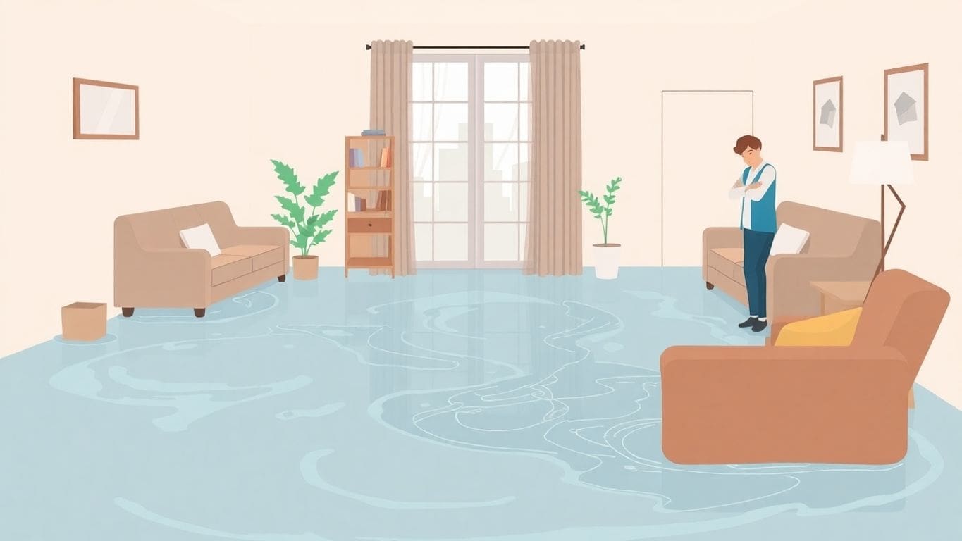 Illustration of water damage in a flooded home.