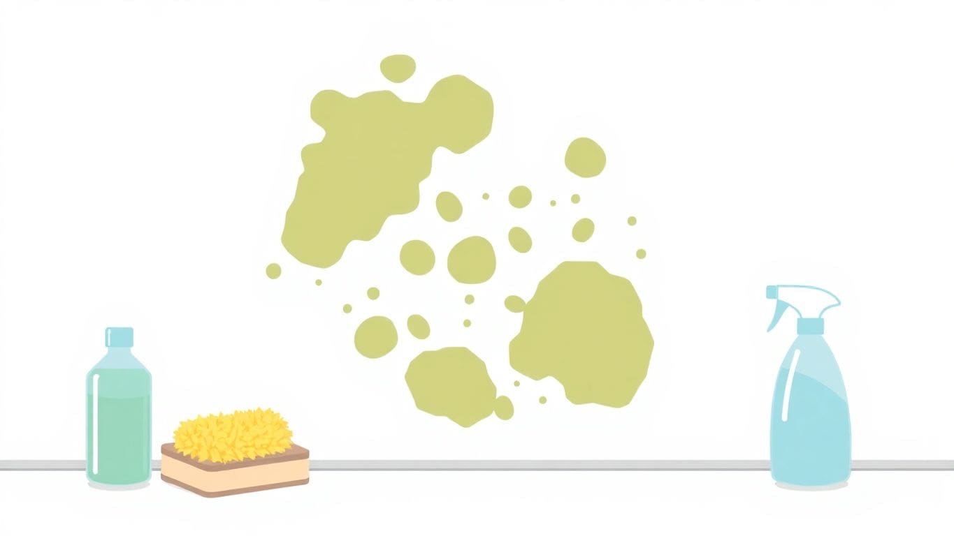 Close-up of mold on a wall with cleaning tools.