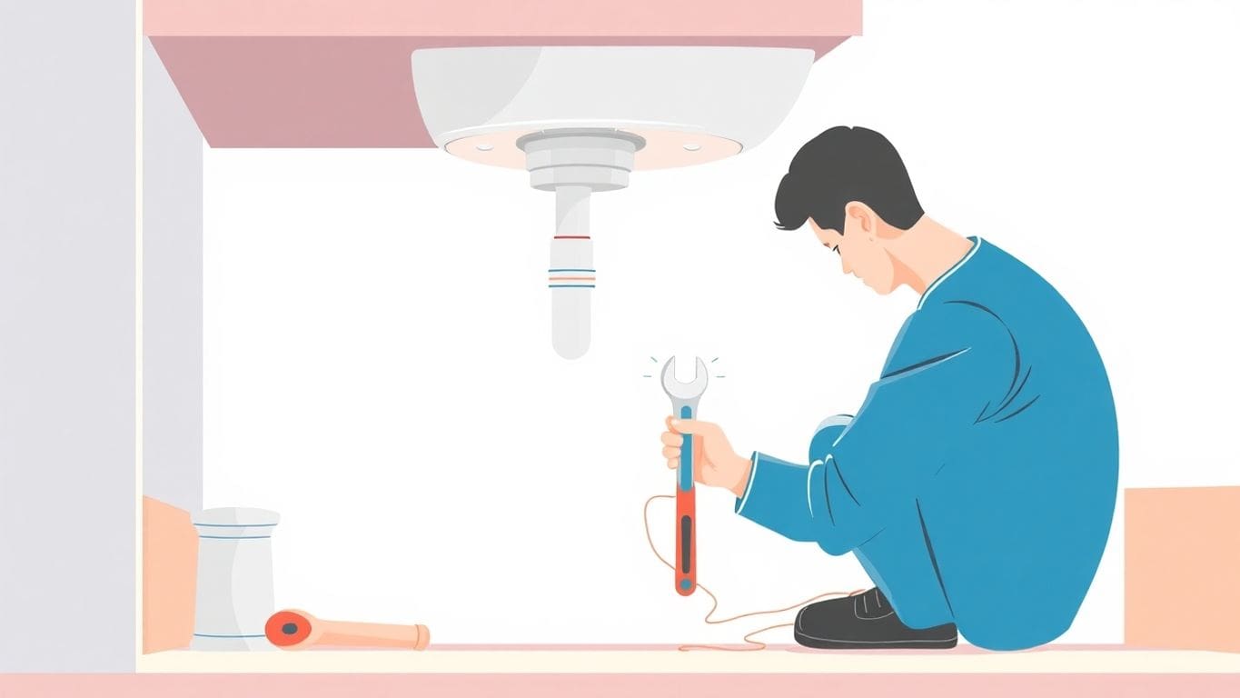 Person fixing plumbing under a sink in a home.