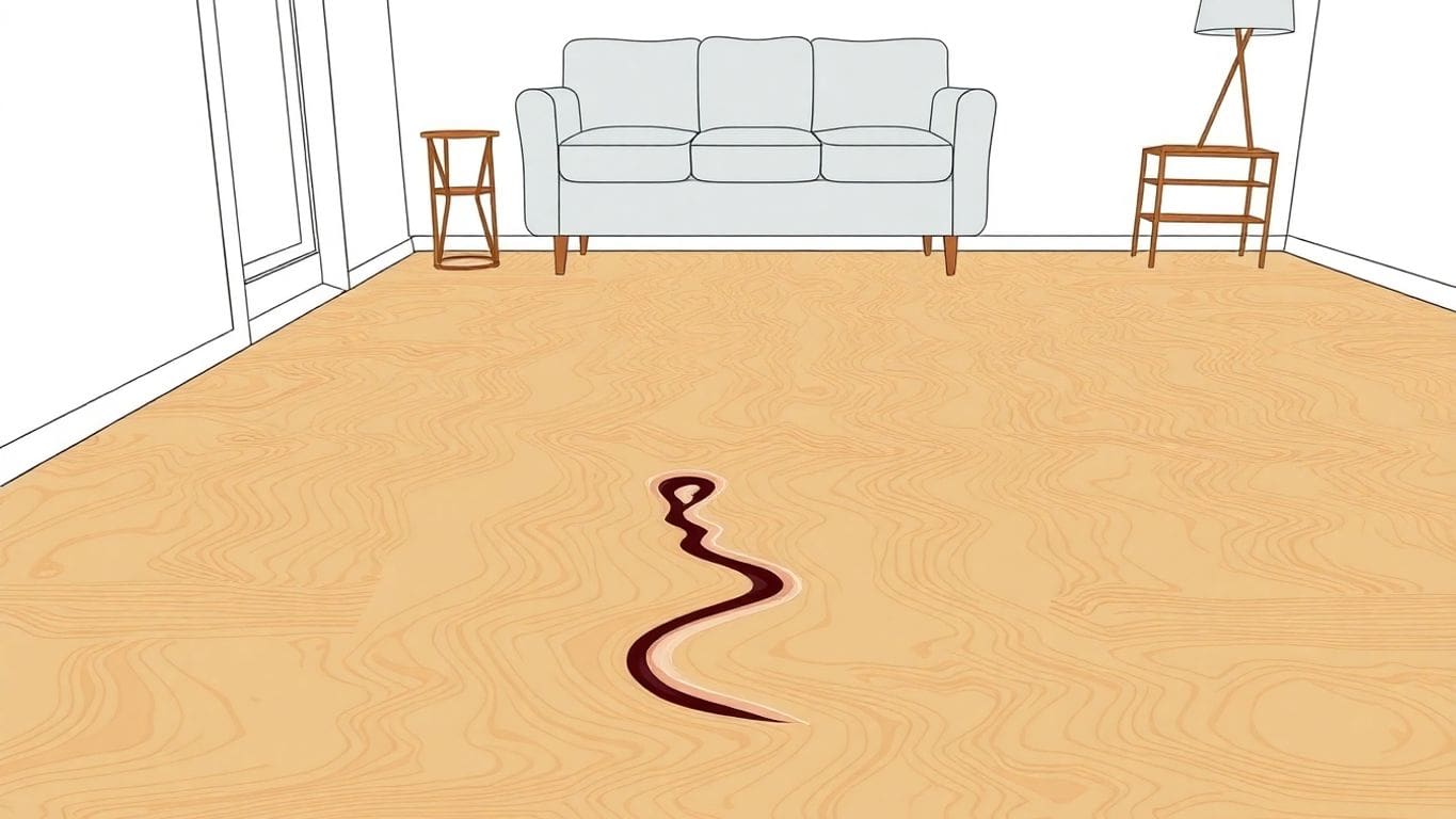 Illustration of buckled flooring in a living room.