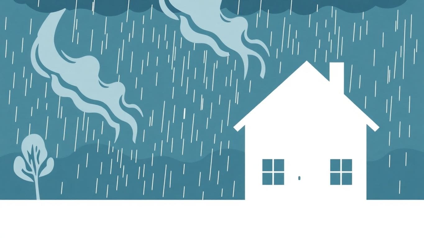 Illustration of a house in a stormy weather scenario.