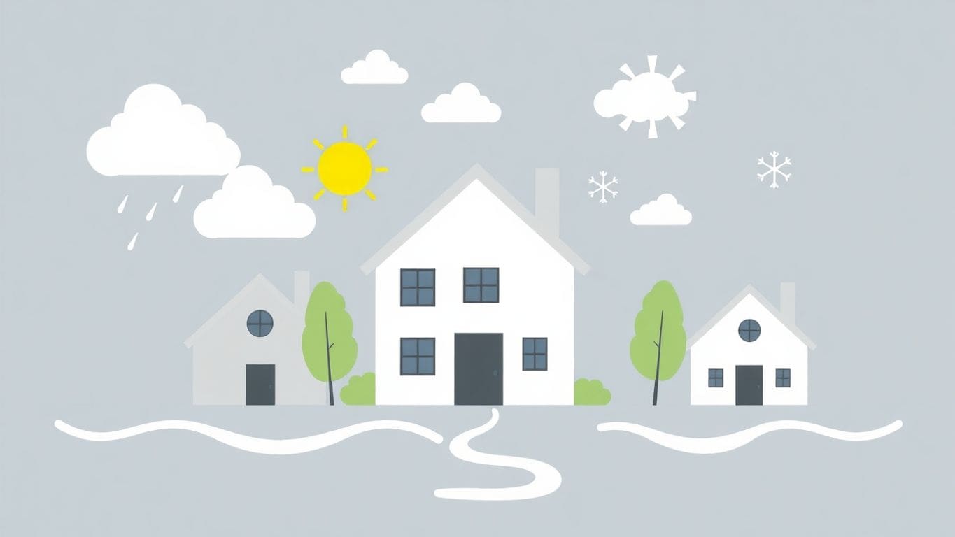 Minimalist vector illustration of homes and weather elements.