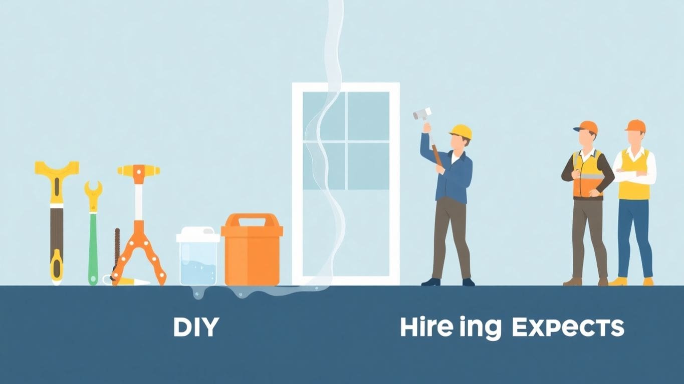 Illustration of DIY tools and professional repair team.