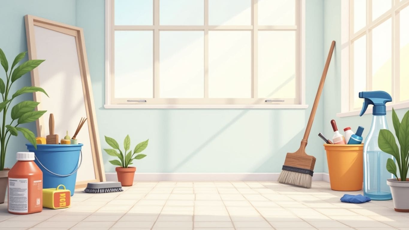 Vector illustration of a smoke damage restoration workspace.