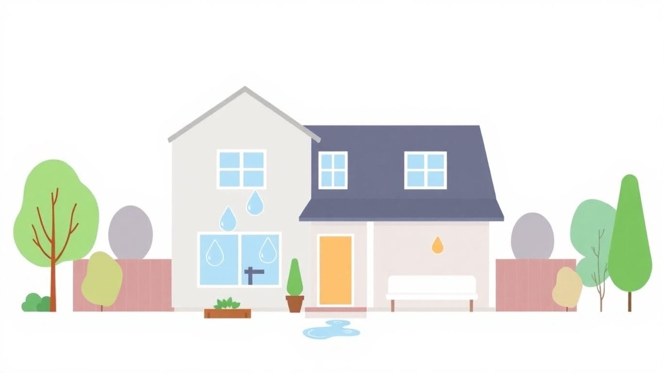 Illustration of a home with water damage elements.