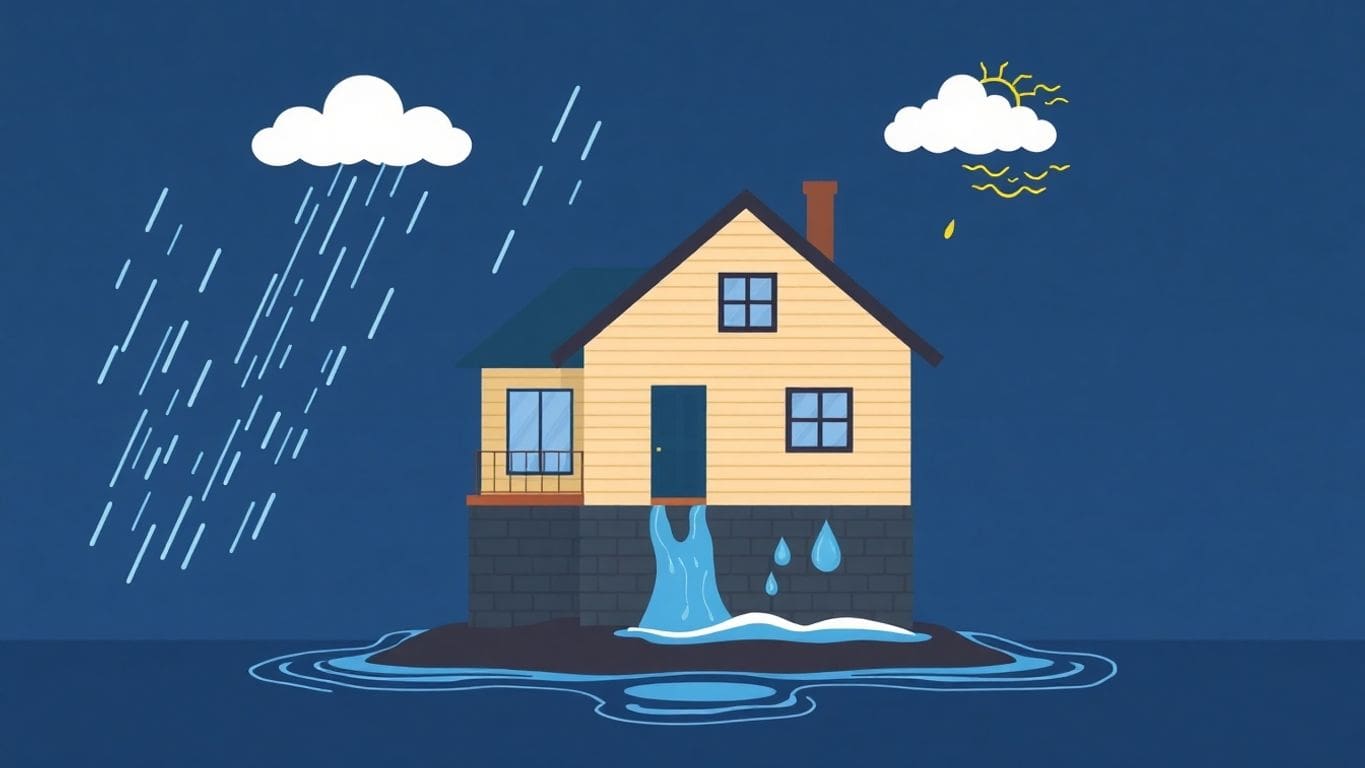 Illustration of a house affected by severe weather conditions.