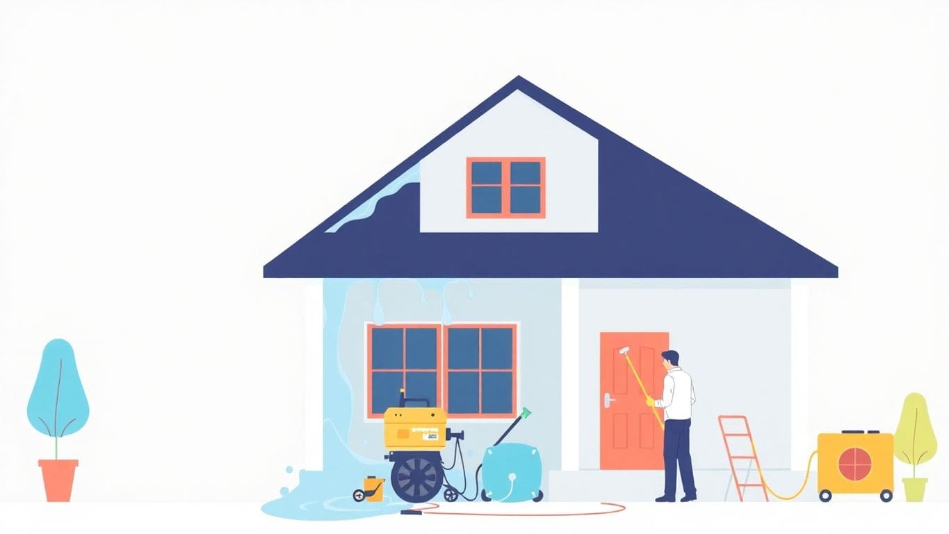 Vector illustration of a home restoration team at work.