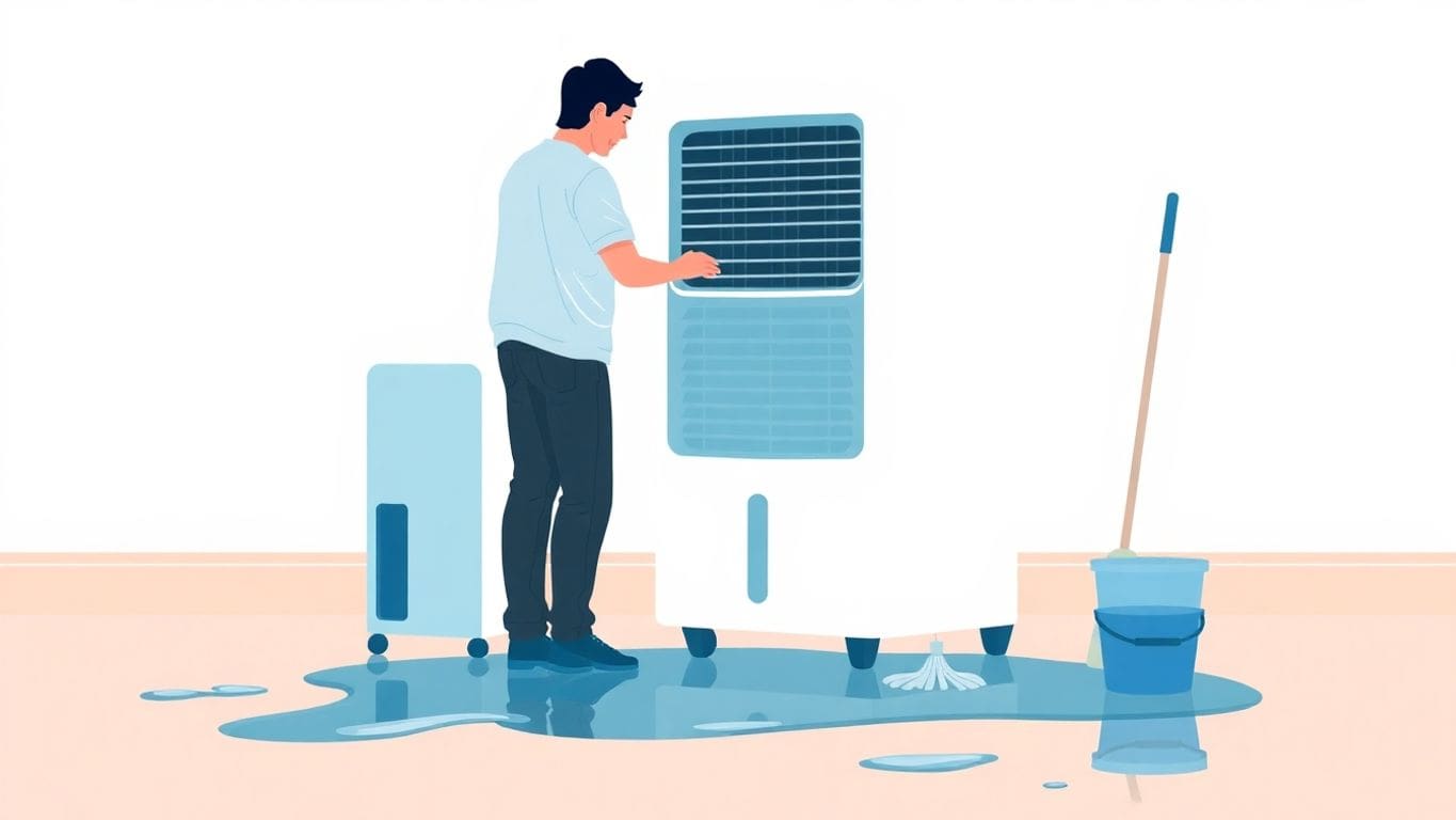 Wet floor, water damage cleanup tools.