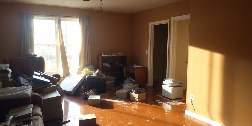 Flooded home interior with visible water damage and chaos.