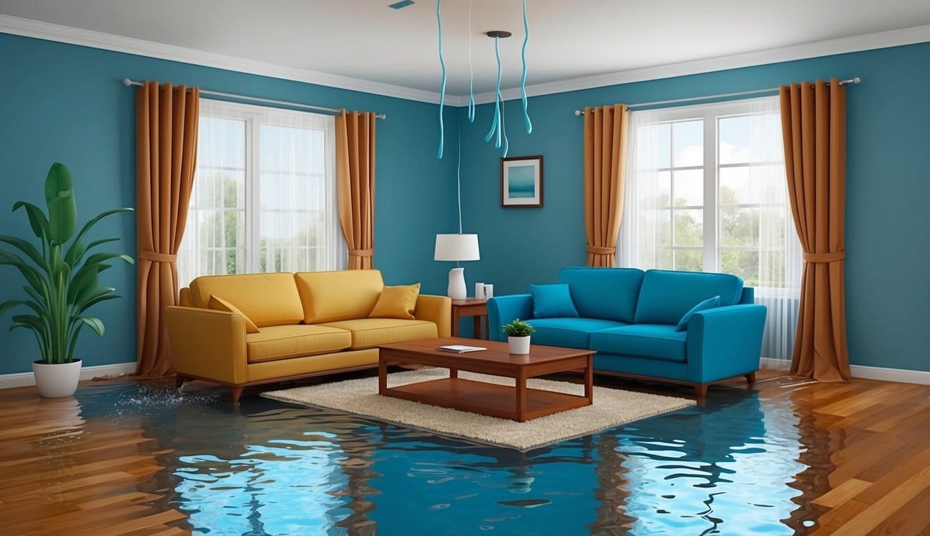 A burst pipe floods a living room, soaking furniture and causing water damage to the walls and floor