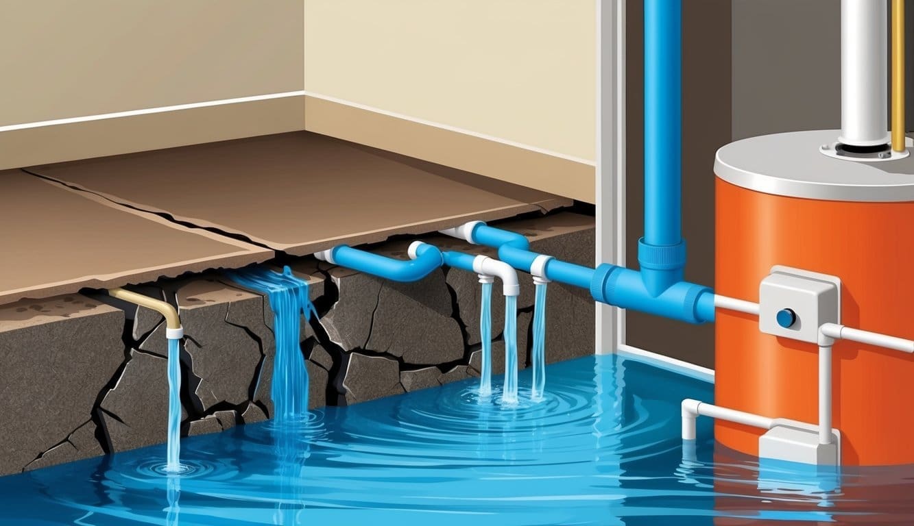 Water seeping through a cracked foundation, leaking pipes, and a burst water heater causing flooding in a home