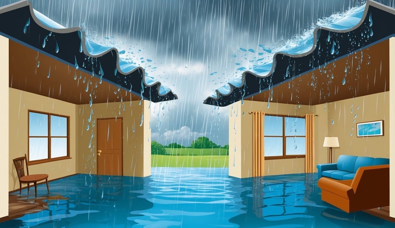 A heavy rainstorm causes water to seep through a cracked roof, flooding the interior of a home and damaging the walls and furniture