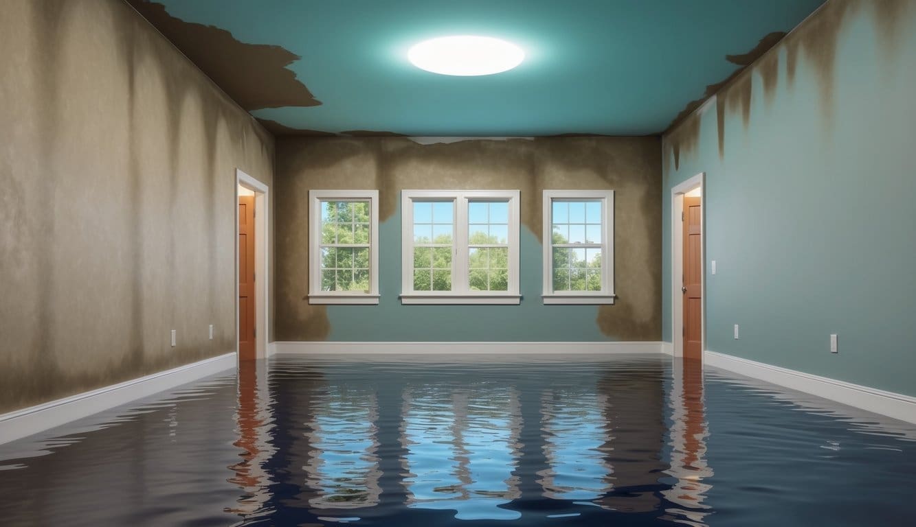 A house with visible water damage, such as warped or stained walls and ceilings, and pooling water on the floor