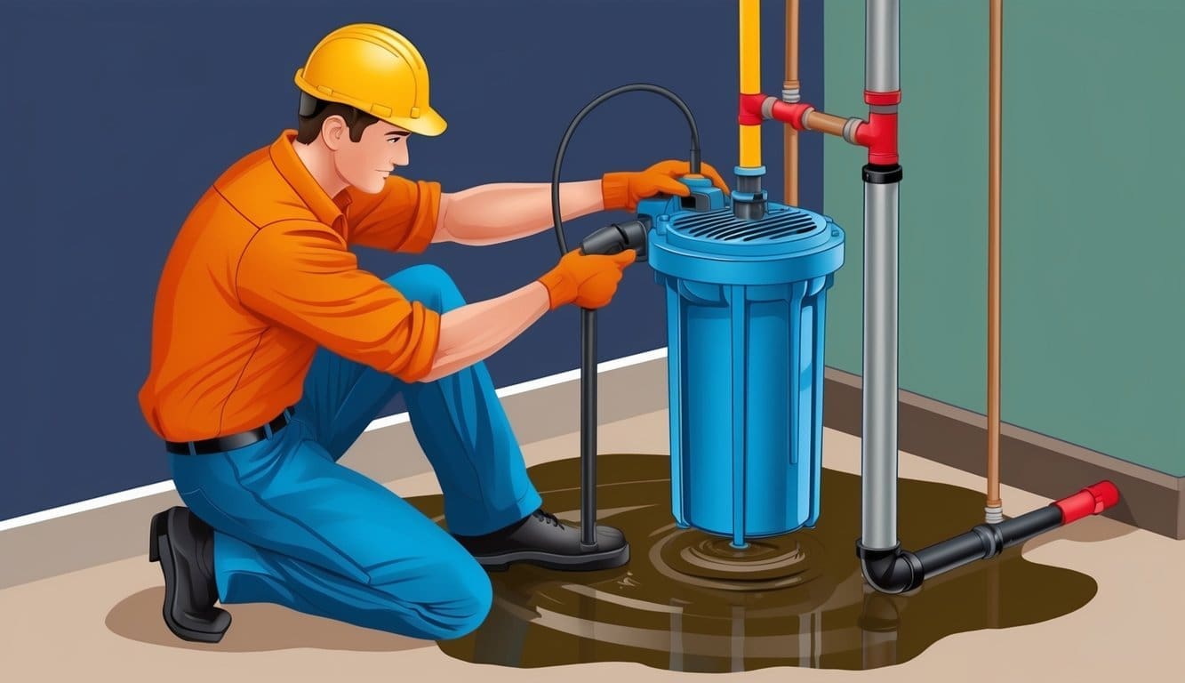 A plumber installing a sump pump to prevent water damage in a basement