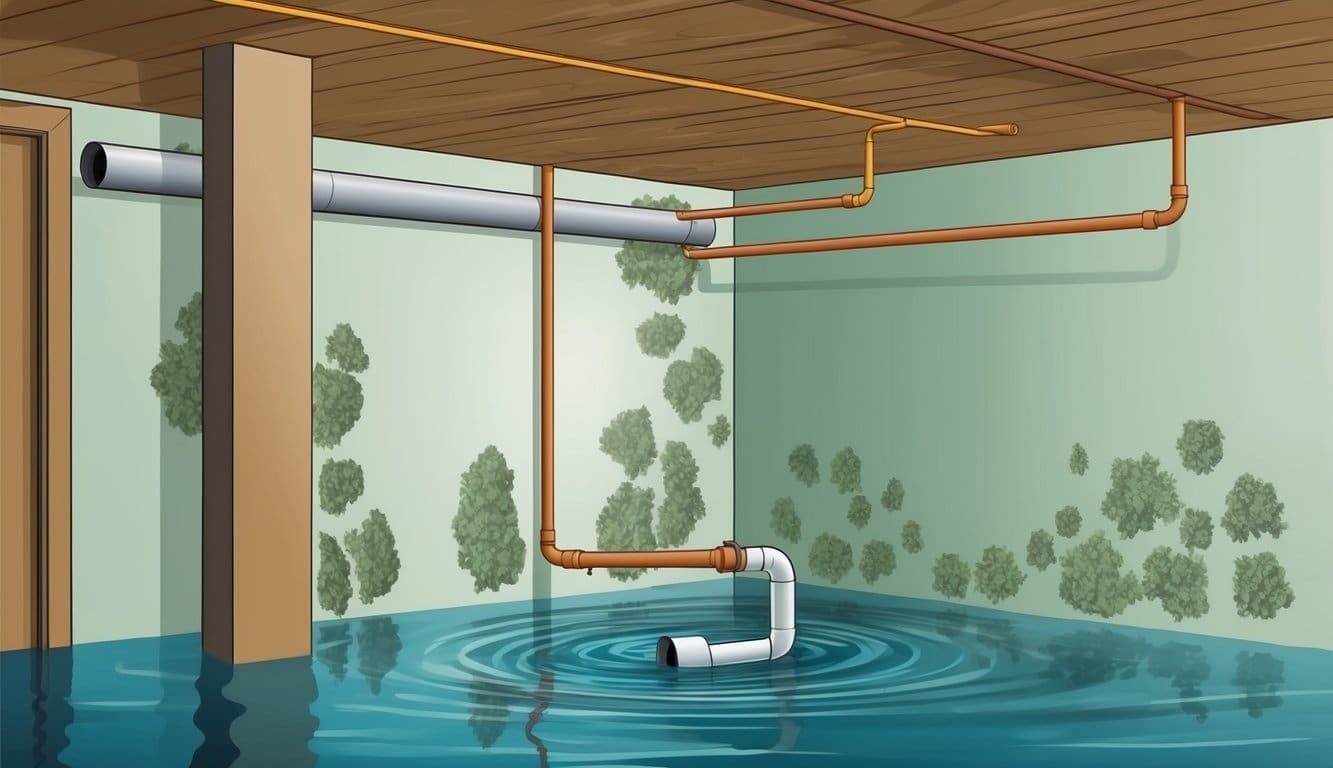 A burst pipe floods a basement, causing mold growth on walls and ceiling