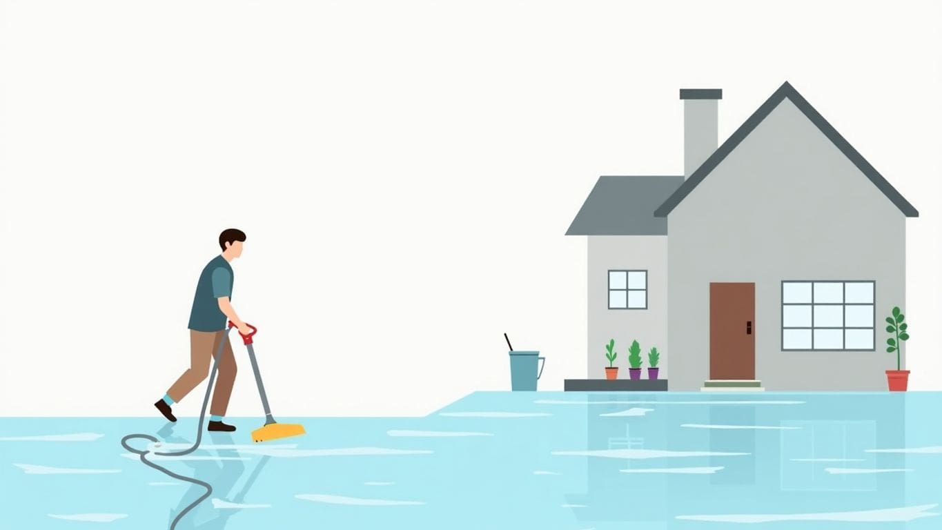 Vector art of flooded home and water removal tools.