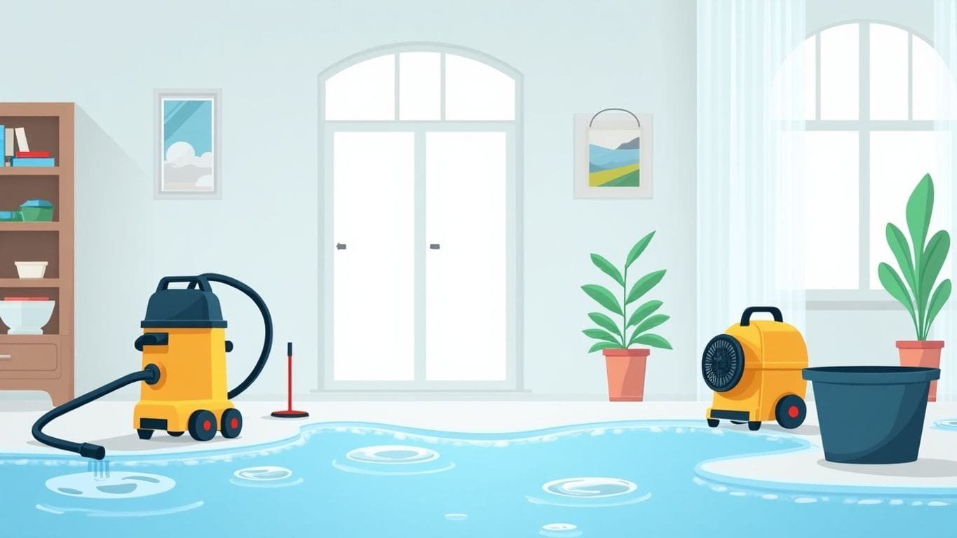 Vector illustration of water damage tools in a home.