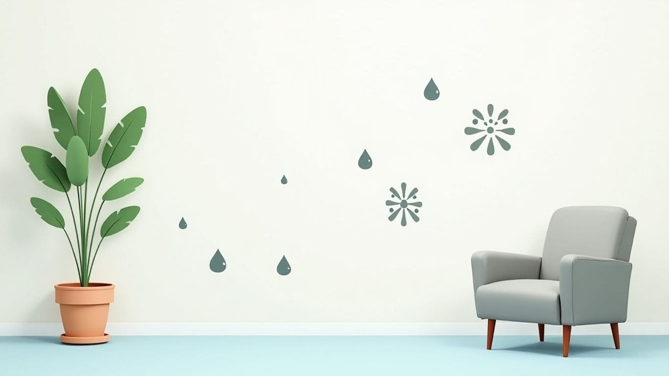 Minimalist vector art of water droplets and mold spores.