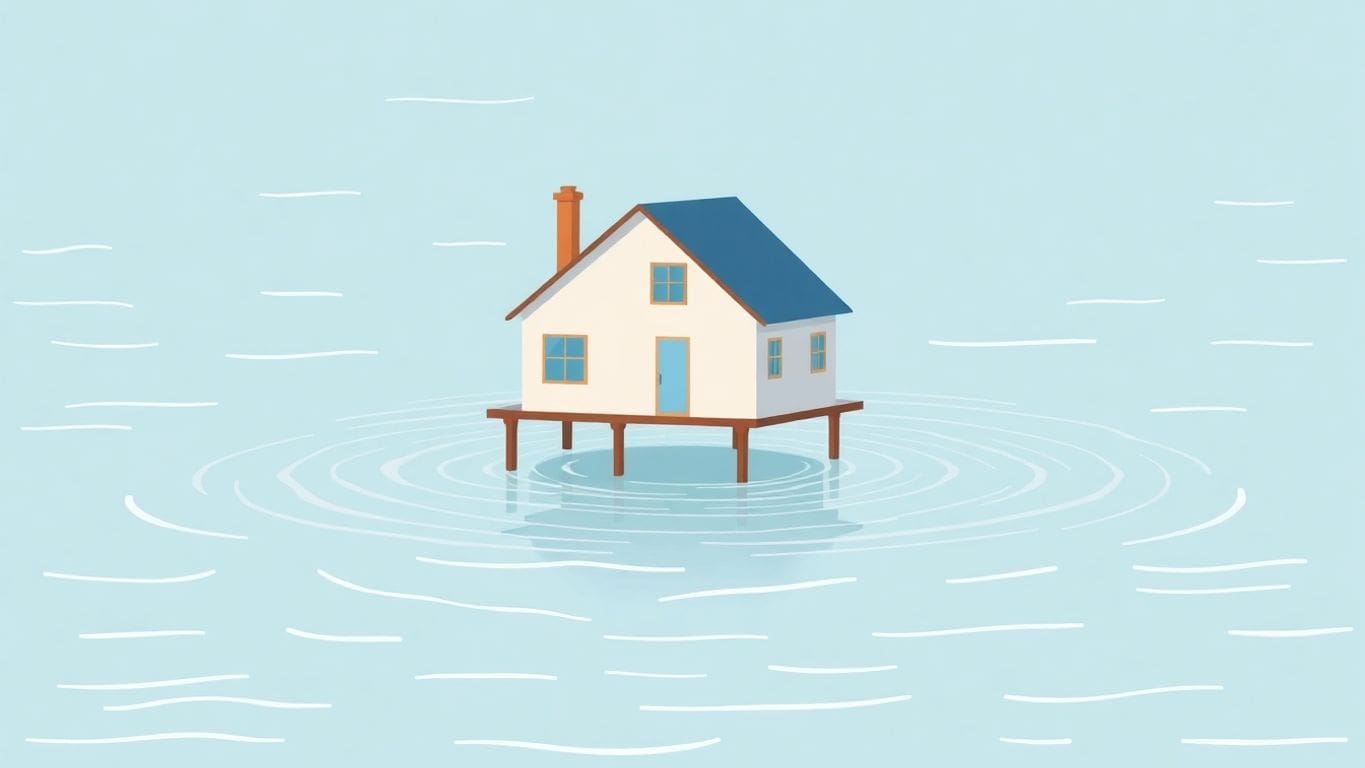 Minimalist house on stilts in floodwater illustration.