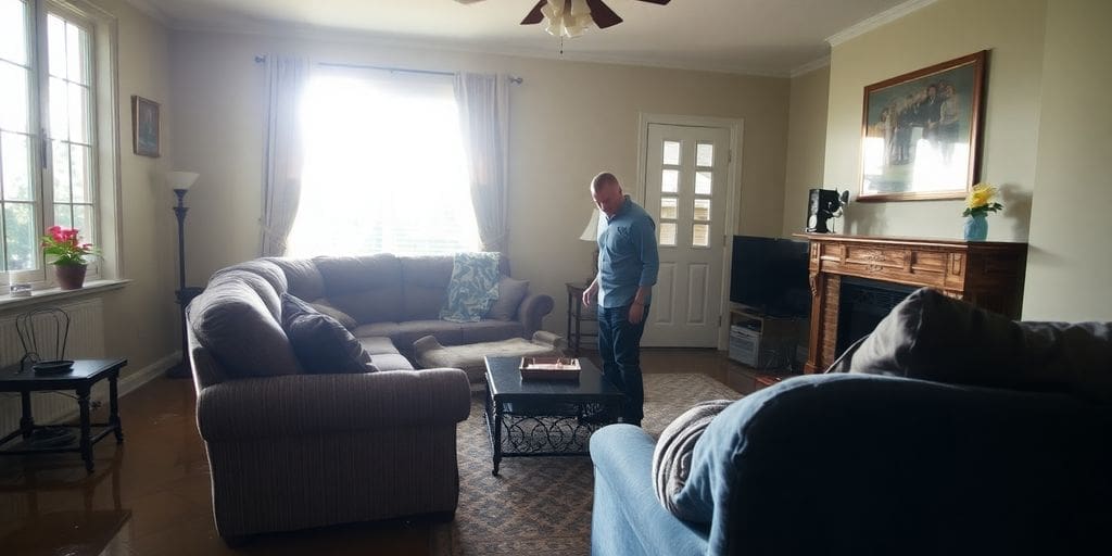 Homeowner assessing flood damage without flood insurance in a living room.