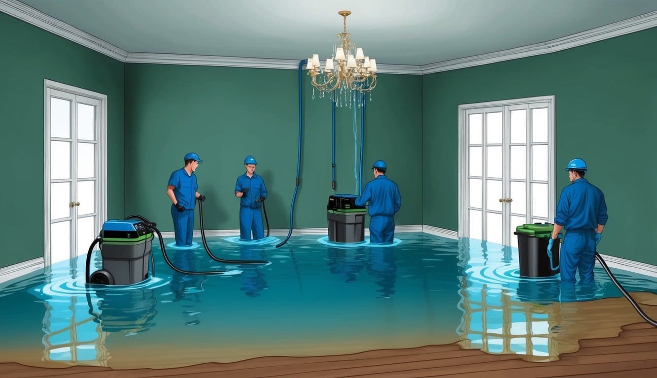 A flooded room with water extraction equipment and technicians assessing damage to walls and flooring