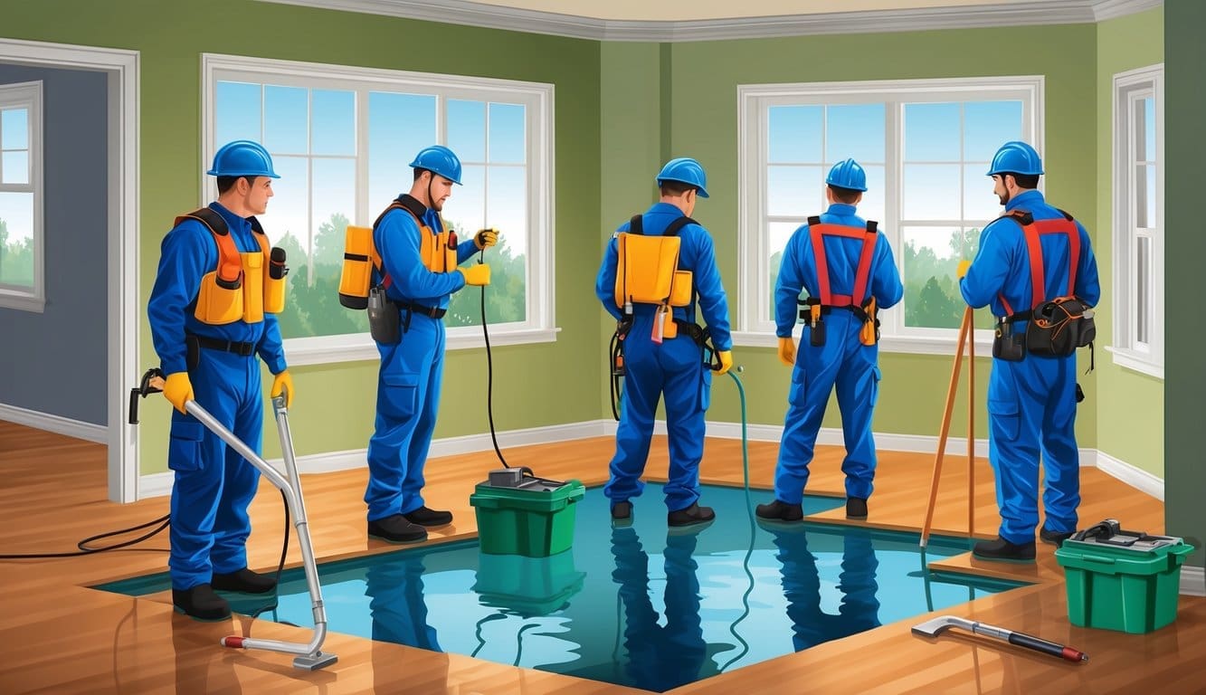 A team of restoration professionals assessing water damage in a residential property, equipped with tools and wearing protective gear